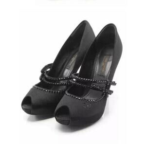 Louis Vuitton Vintage Black Satin Open Toe Crystal Strap Embellished Pumps 37.5